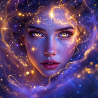 The primary subject of the image is a woman with glowing eyes, who appears to be a fantasy or mythical creature. She is surrounded by a blue and gold background, which adds to the overall atmosphere of the image. The visual style of the image is digital art, as it is a detailed and intricate illustration of the woman. The colors and mood of the image are vibrant and lively, with the woman's glowing eyes and the blue and gold background creating a sense of magic and wonder.
